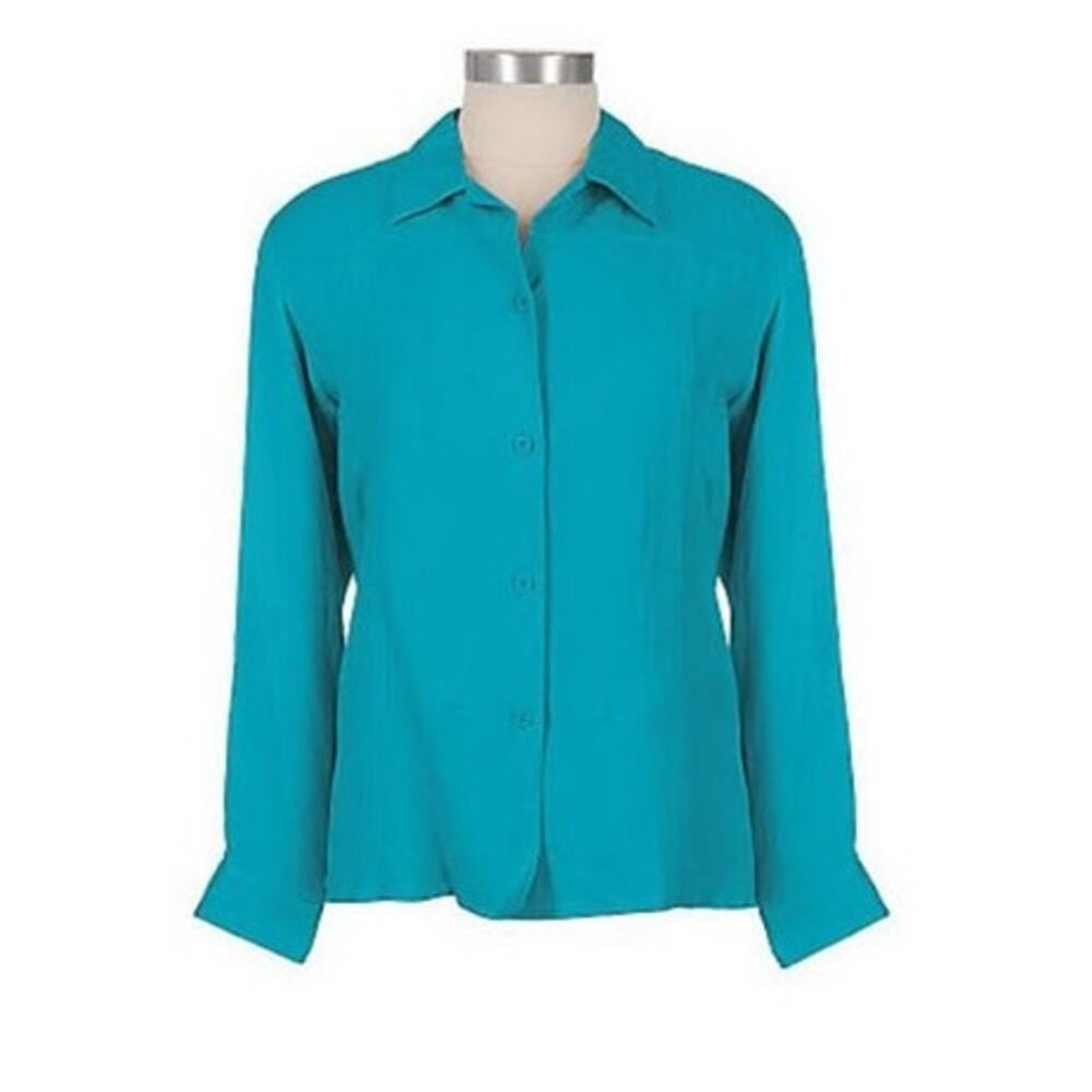 Susan Graver Linen Rayon Long Sleeve Shirt Embroidered & Beaded Teal Green XL
